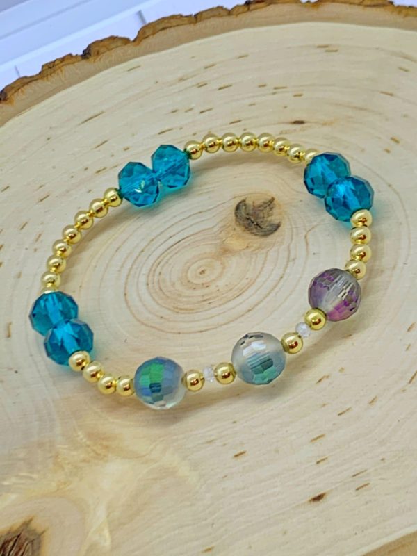 Gold Beads and Blue Resin Beads Bracelet. 18K Gold Plated and Blue Plastic Beads Bracelet.
