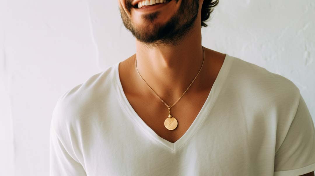Historical timeline image showing the evolution of men's gold necklaces with pendants from ancient times to the modern era.